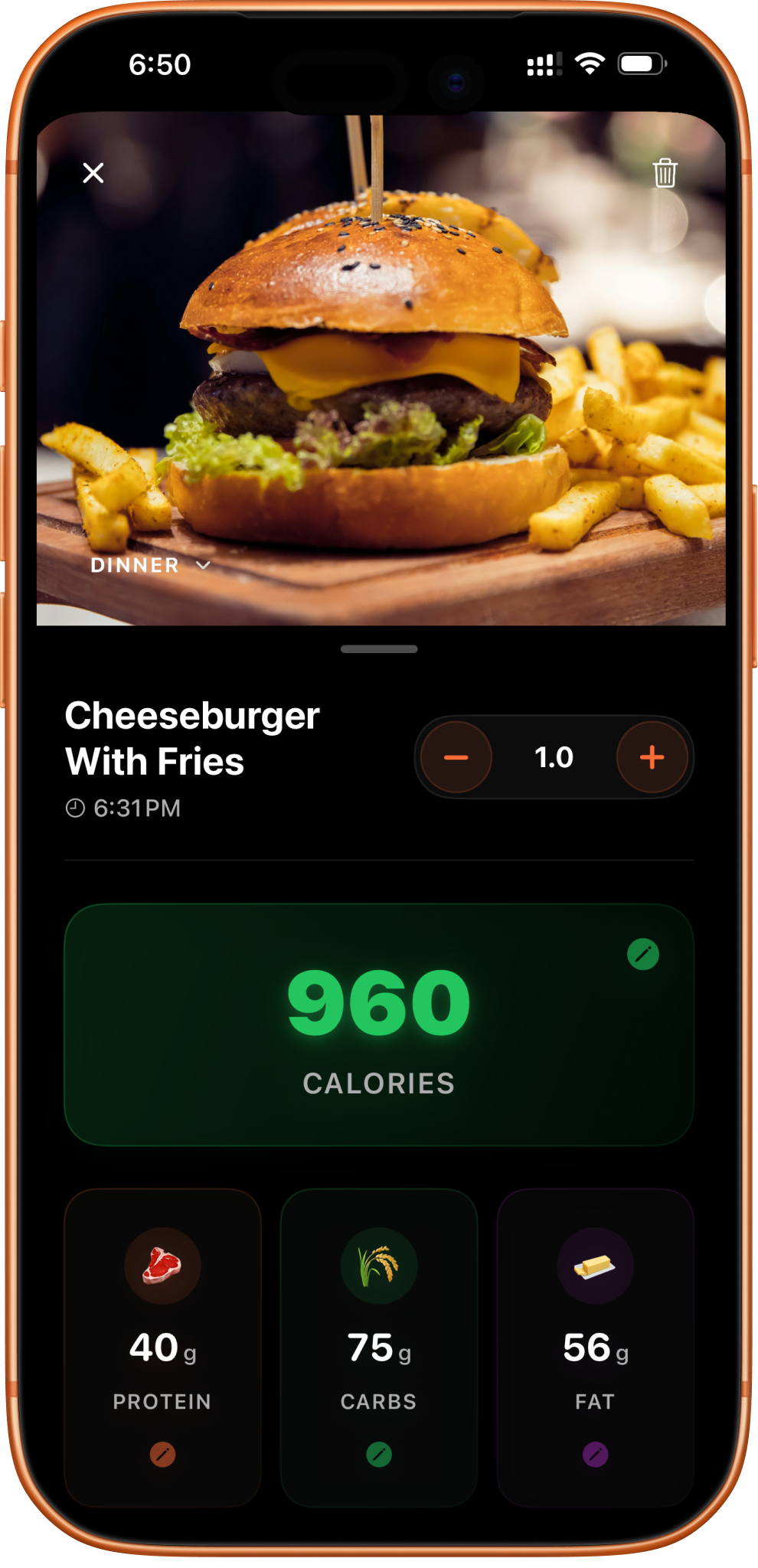 BulkMode meal analysis showing calories with protein, carbs, and fat breakdown