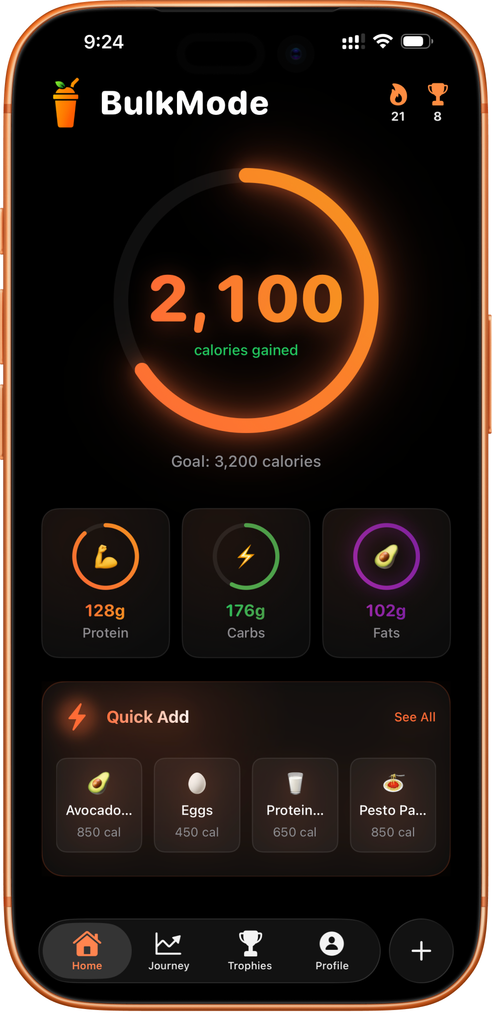 BulkMode calorie tracker app for weight gain showing 2,755 calories tracked with macro breakdown